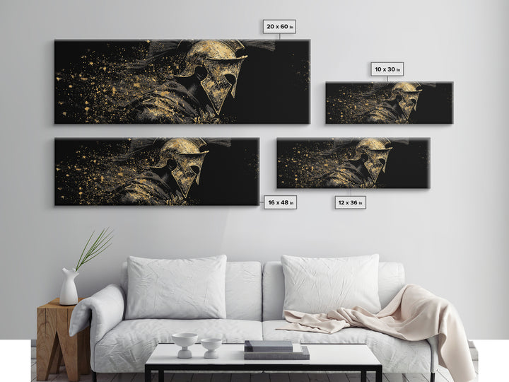 Greek Warrior Side Portrait, Ancient Spartan Helmet Mythological Decorative Artwork, Gold Canvas Print, Real Wood Frame Decor