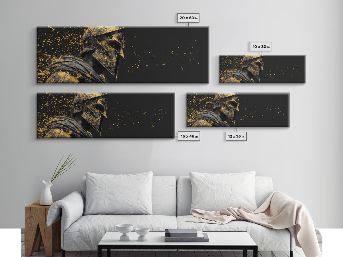 Greek Warrior Armor Detail, Spartan Hero Mythological Decorative Artwork, Gold Canvas Print, Real Wood Frame Wall Decor