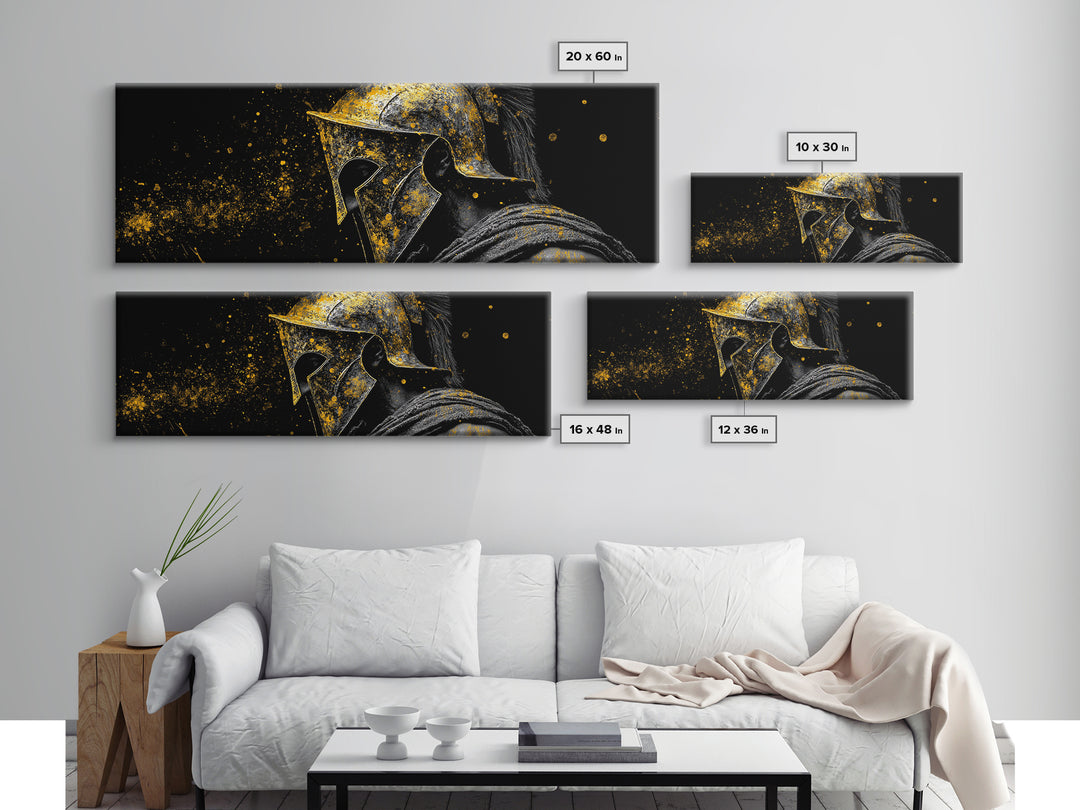 Greek Warrior Face Close Up, Spartan Helmet Intense Gaze Decorative Artwork, Gold Canvas Print, Real Wood Frame Wall Art