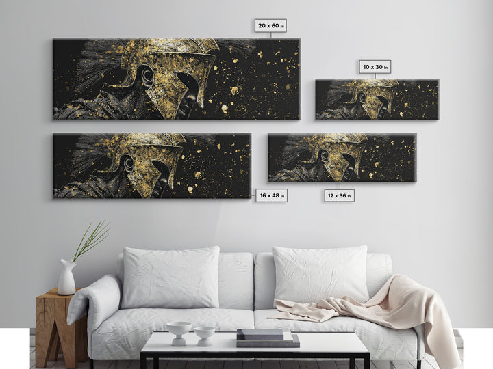 Greek Warrior Side View, Ancient Spartan Helmet With Cloak Decorative Artwork, Gold Canvas Print, Real Wood Frame Wall Decor