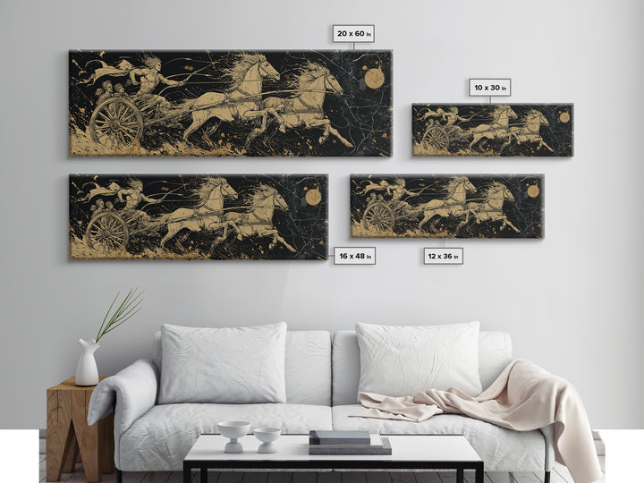 Ancient Chariot Rider, Mythical Warrior Battle Scene Wall Decor, Gold Canvas Print, Real Wood Frame Art