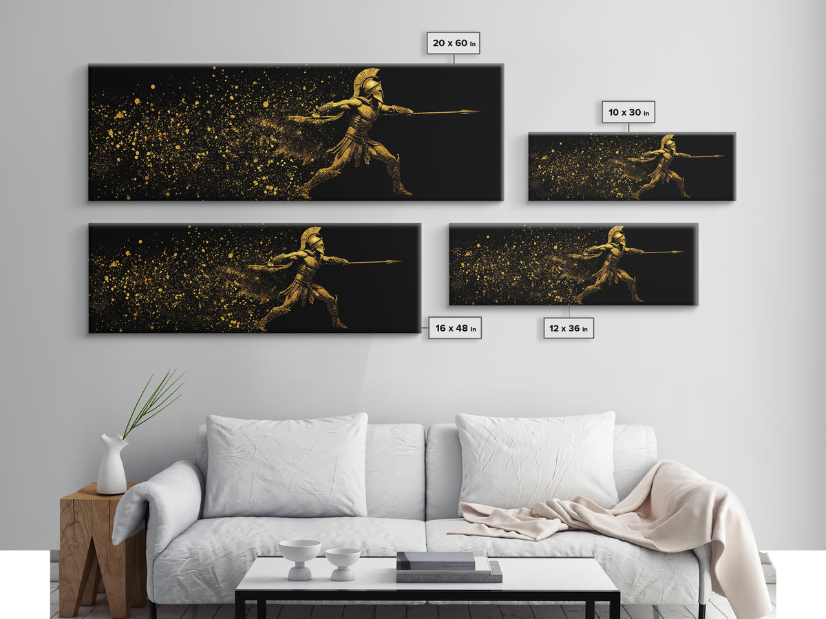 Greek Warrior With Spear, Ancient Spartan Heroic Battle Scene Decorative Artwork, Gold Canvas Print, Real Wood Frame Wall Art