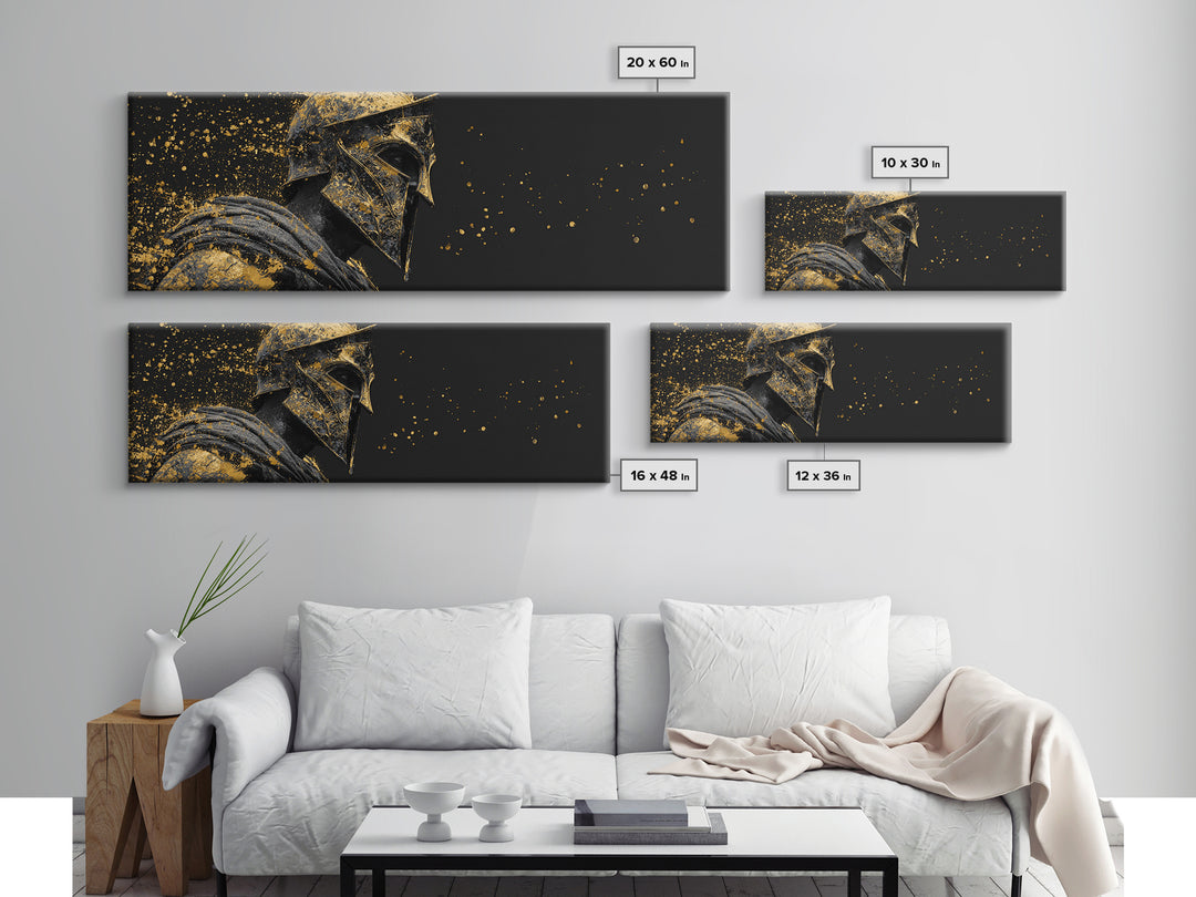 Spartan Helmet Side Portrait, Ancient Greek Warrior Mythology Decorative Symbolic Artwork, Gold Canvas Print, Real Wood Frame