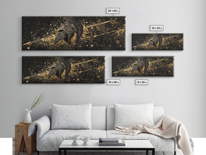 Spartan Helmet Warrior Portrait, Ancient Greek Hero Symbol Decorative Artwork, Gold Canvas Print, Real Wood Frame Mythology Art