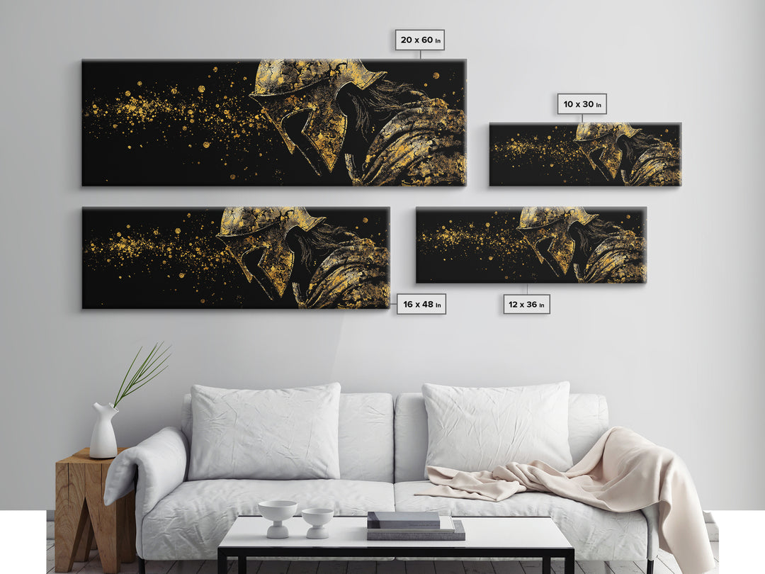 Greek Warrior Intense Gaze, Ancient Spartan Helmet Decorative Mythology Artwork, Gold Canvas Print, Real Wood Frame Wall Decor