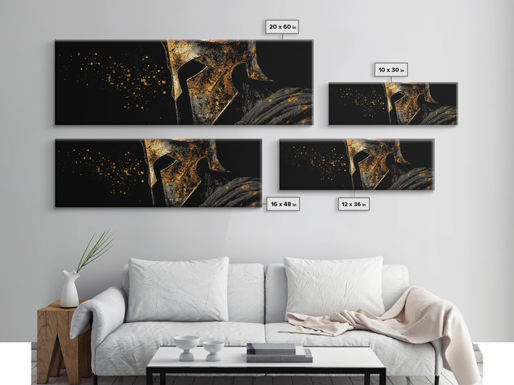 Greek Warrior Front Portrait, Ancient Spartan Helmet Heroic Symbol Decorative Artwork, Gold Canvas Print, Real Wood Frame Wall Art