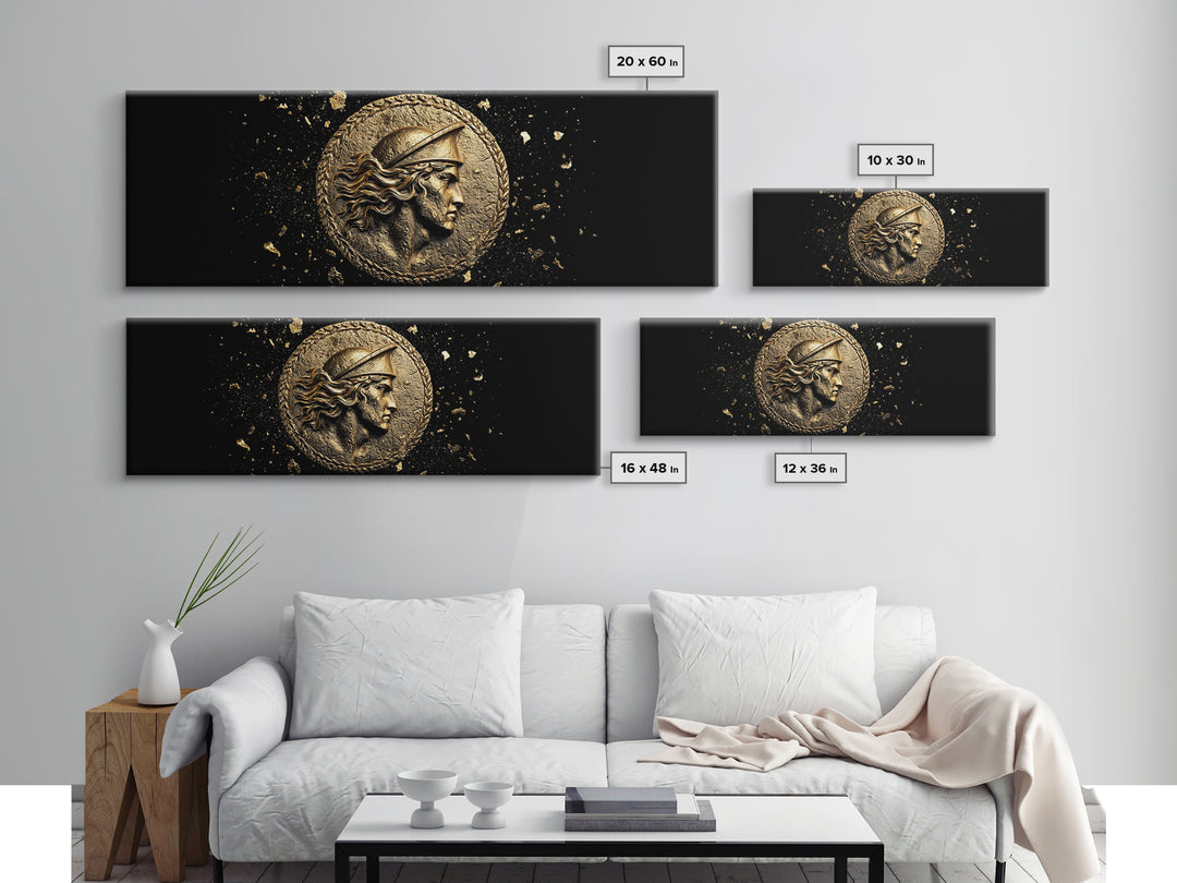 Ancient Greek Coin Relief Portrait, Historical Mythology Gold Canvas Print, Classical Wall Art, Real Wood Frame