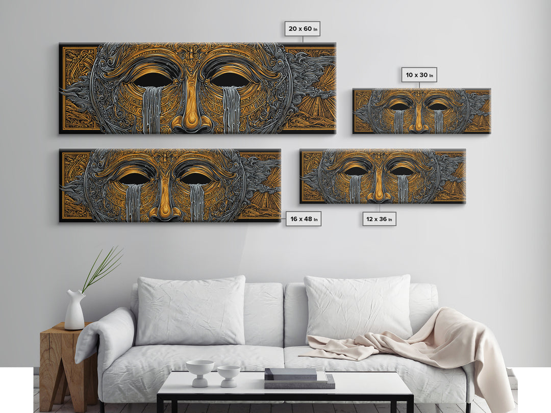 Mythical Golden Mask Illustration, Surreal Greek Inspired Gold Canvas Print, Fantasy Wall Art, Real Wood Frame