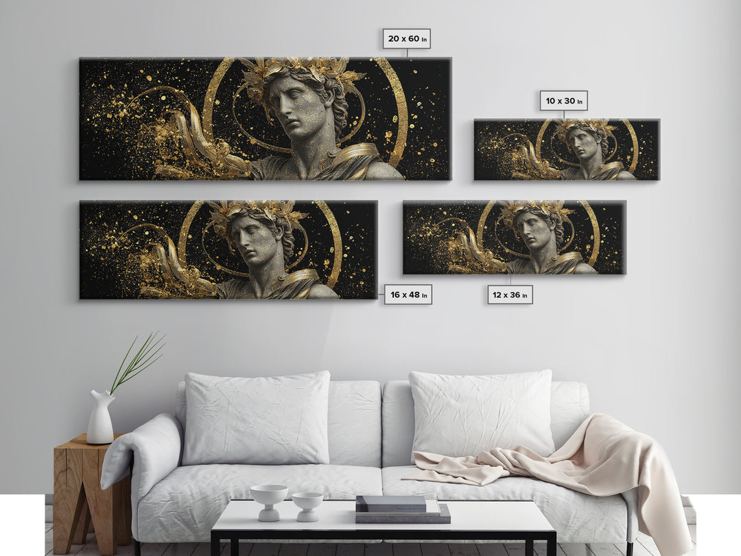 Apollo Bust With Golden Halo, Ancient Greek God Gold Canvas Print, Mythology Sculpture Wall Art, Real Wood Frame