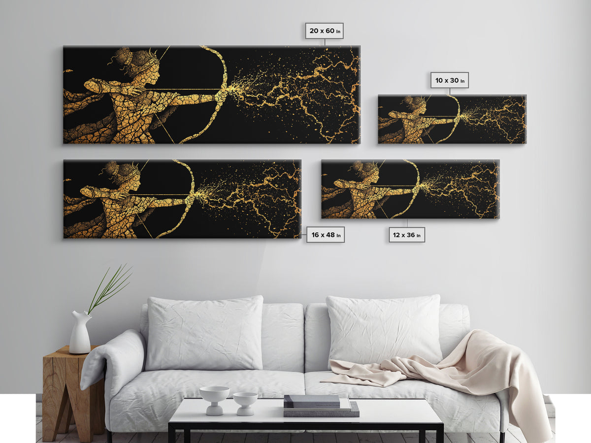 Artemis Golden Archer Illustration, Ancient Greek Goddess Gold Canvas Print, Mythology Wall Art, Real Wood Frame