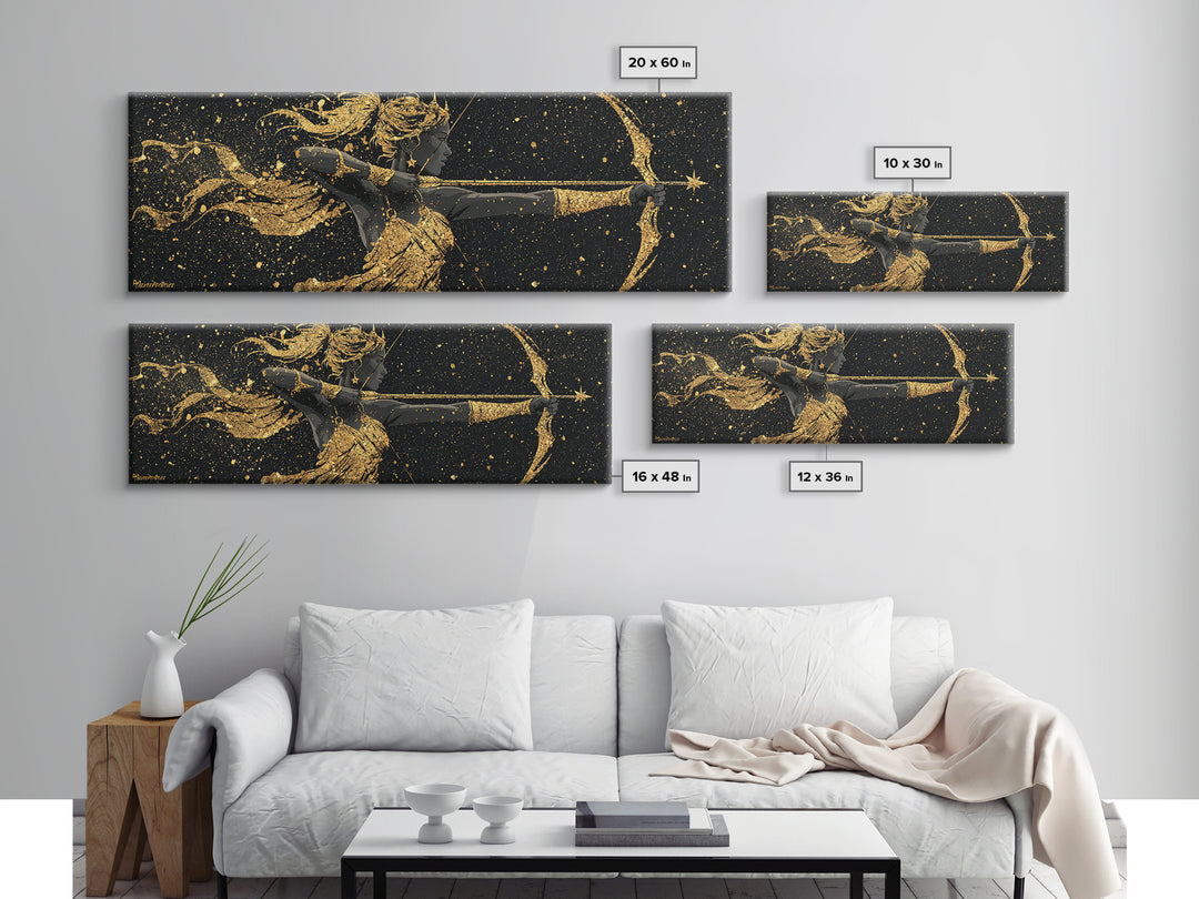 Celestial Artemis Archer Artwork, Mythology Inspired Gold Canvas Print, Greek Goddess Wall Art, Real Wood Frame