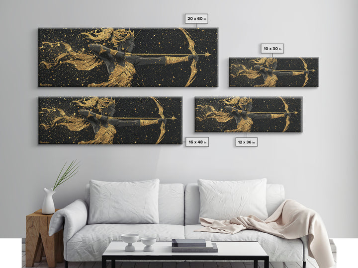Celestial Artemis Archer Artwork, Mythology Inspired Gold Canvas Print, Greek Goddess Wall Art, Real Wood Frame