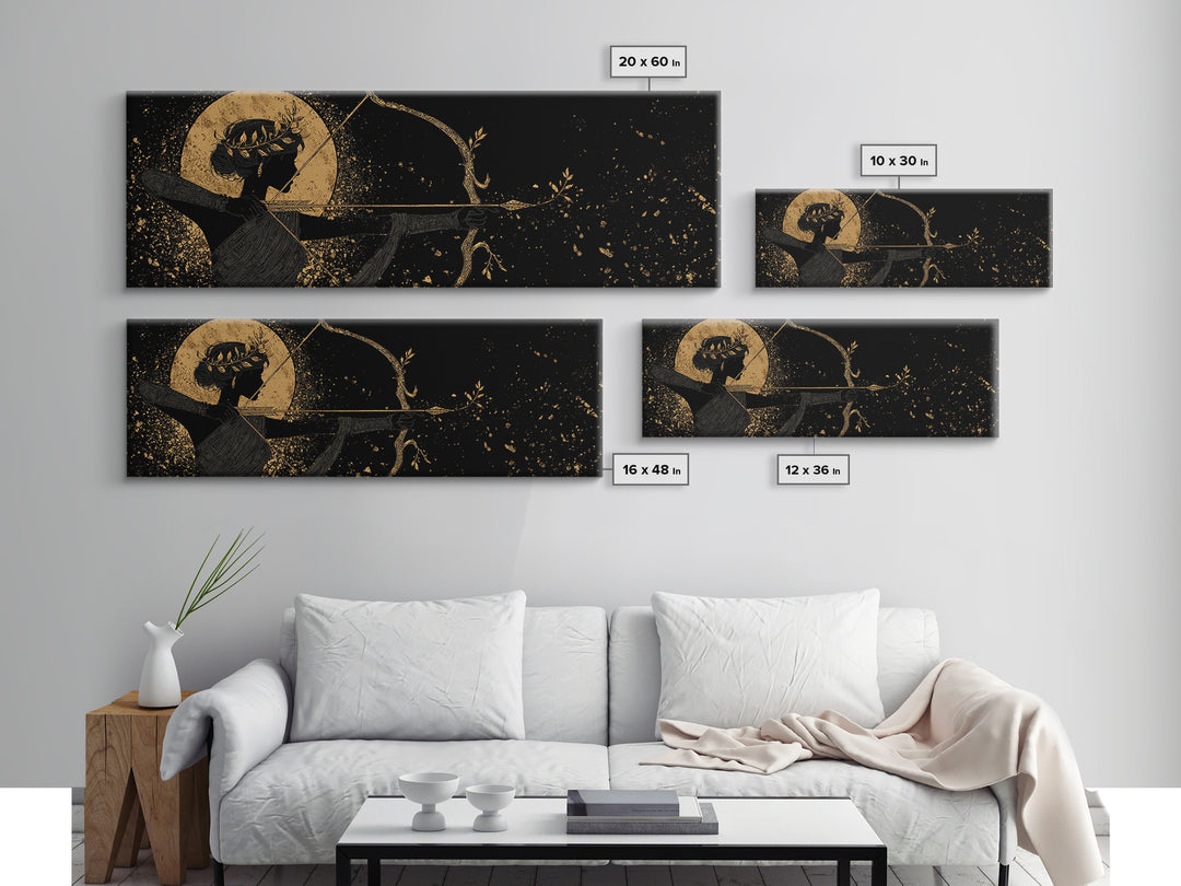 Divine Artemis With Bow And Moon, Mythology Inspired Gold Canvas Print, Goddess Wall Art, Real Wood Frame
