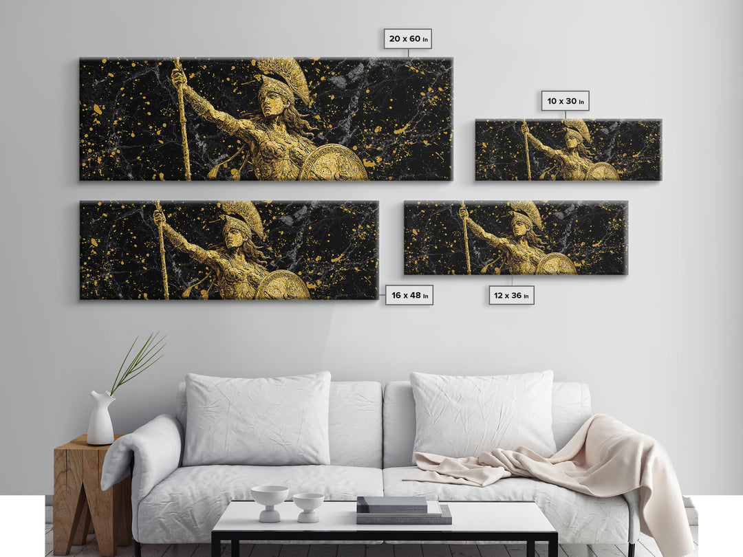 Athena Goddess Of Wisdom And War, Ancient Greek Gold Canvas Print, Mythology Warrior Wall Art, Real Wood Frame