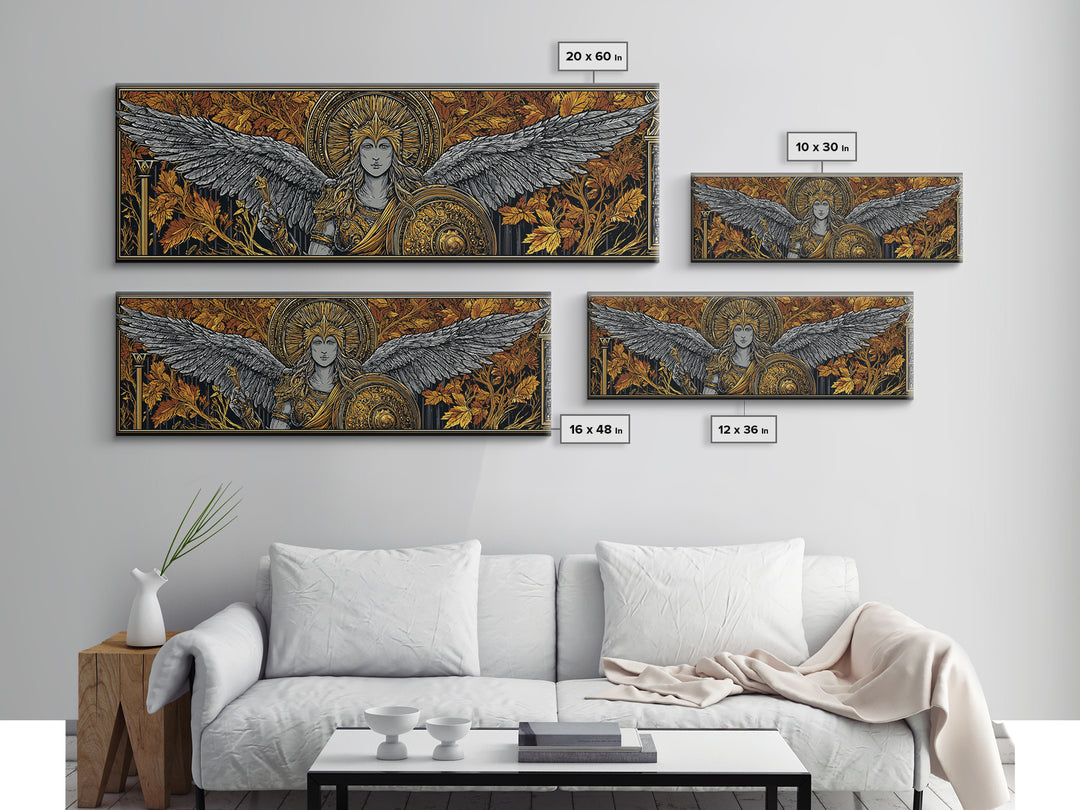 Athena With Wings And Shield, Ancient Greek Goddess Gold Canvas Print, Mythology Warrior Wall Art, Real Wood Frame