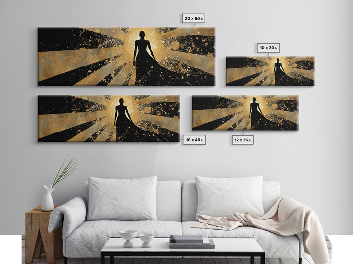 Divine Goddess Silhouette, Radiant Light Rays Wall Decor, Gold Canvas Print, Luxury Mythology Art, Real Wood Frame