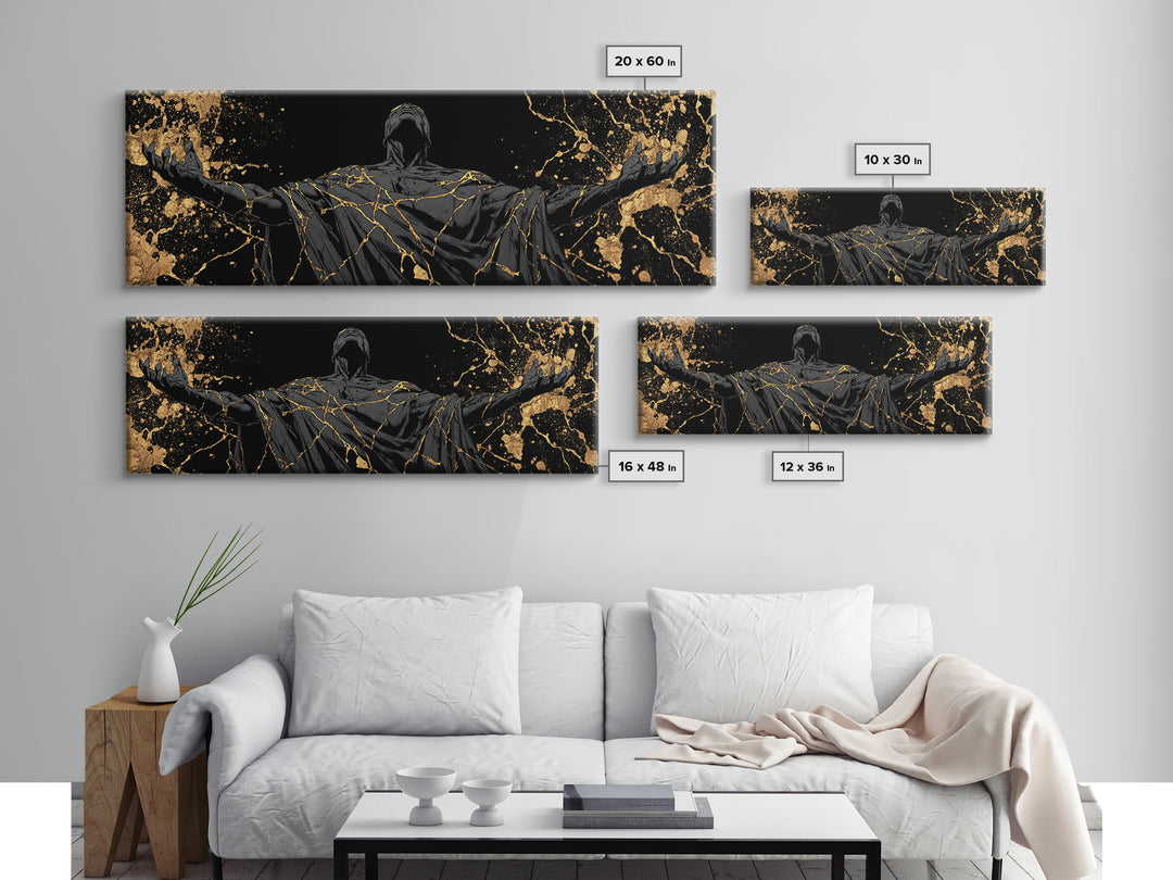 Broken God Kintsugi Style, Abstract Mythology Figure, Gold Canvas Print, Elegant Modern Wall Art, Real Wood Frame