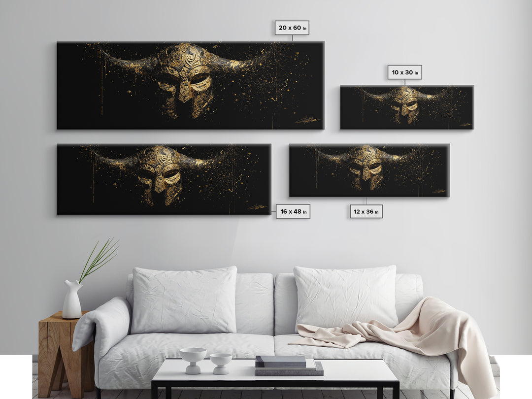 Warrior Viking Helmet, Norse Mythology Wall Art, Gold Canvas Print, Dramatic Historical Decor, Real Wood Frame