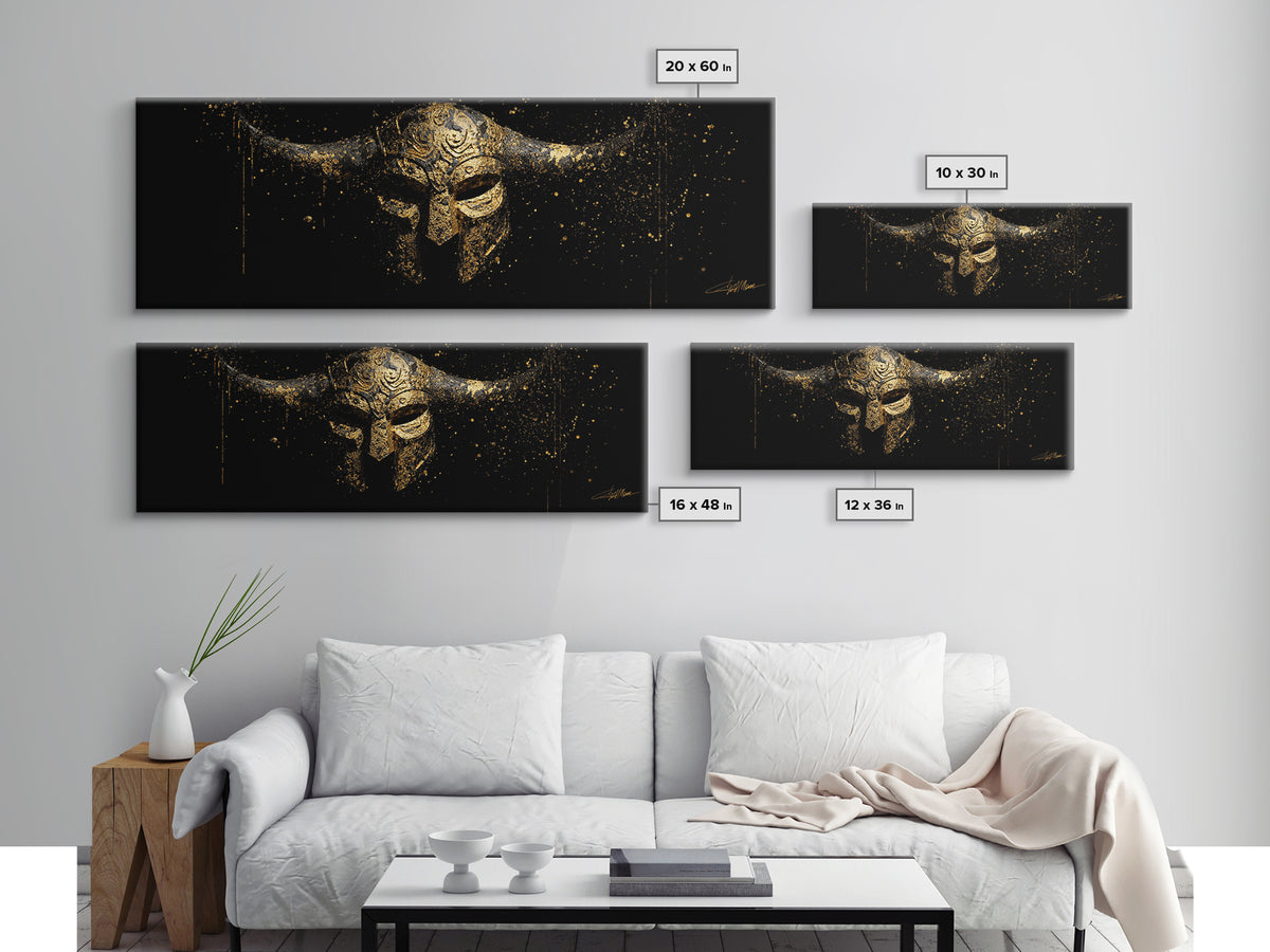 Warrior Viking Helmet, Norse Mythology Wall Art, Gold Canvas Print, Dramatic Historical Decor, Real Wood Frame