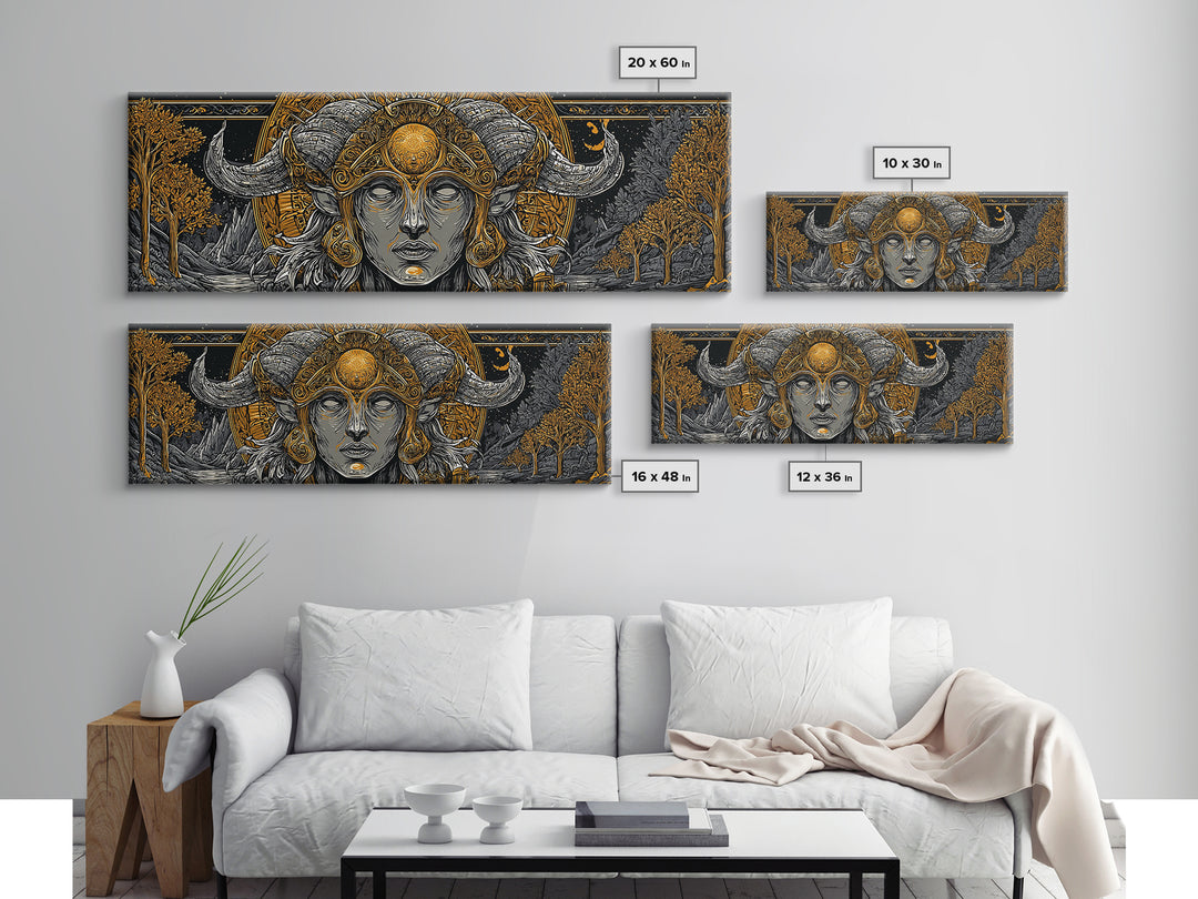 Horned Goddess Portrait, Celtic Mythology Wall Decor, Gold Canvas Print, Fantasy Pagan Inspired Art, Real Wood Frame
