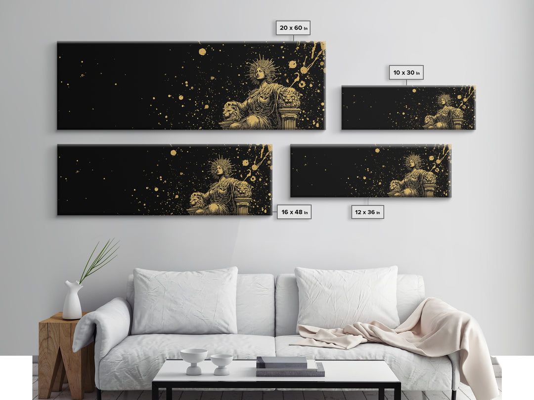 Celestial Goddess On Throne, Mythology Divine Wall Decor, Gold Canvas Print, Cosmic Starry Art, Real Wood Frame