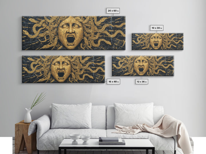 Medusa Serpent Gold Canvas Print, Greek Mythology Wall Art, Gorgon Face Illustration, Real Wood Frame, Unique Statement Decor