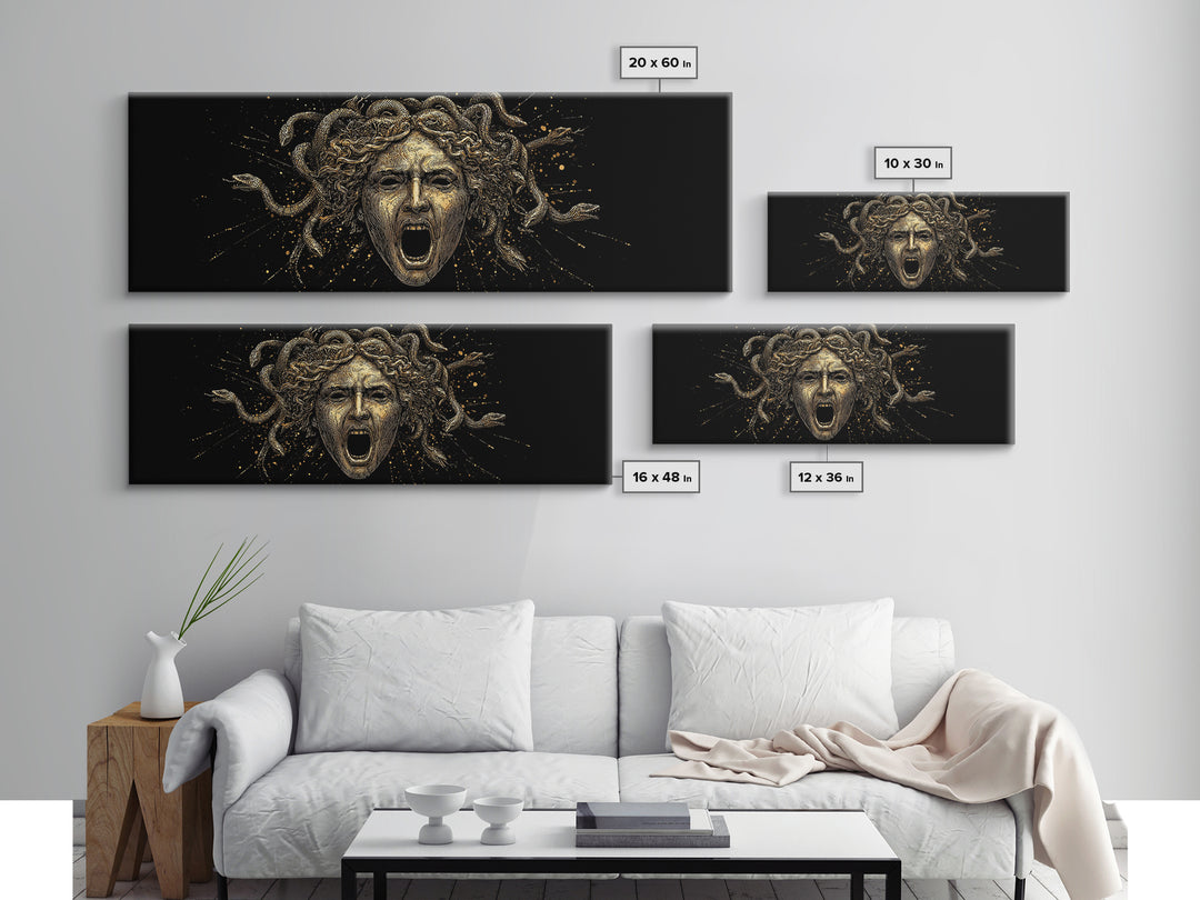 Medusa Head Gold Canvas Art, Greek Mythological Gorgon Wall Print, Snake Hair Woman Illustration, Real Wood Frame, Bold Luxury Decor