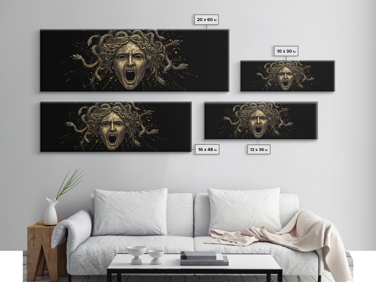 Medusa Head Gold Canvas Art, Greek Mythological Gorgon Wall Print, Snake Hair Woman Illustration, Real Wood Frame, Bold Luxury Decor