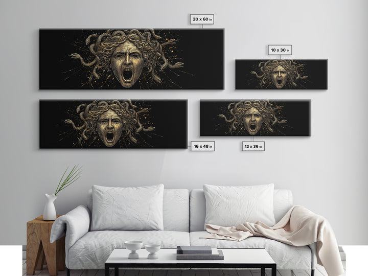 Medusa Head Gold Canvas Art, Greek Mythological Gorgon Wall Print, Snake Hair Woman Illustration, Real Wood Frame, Bold Luxury Decor