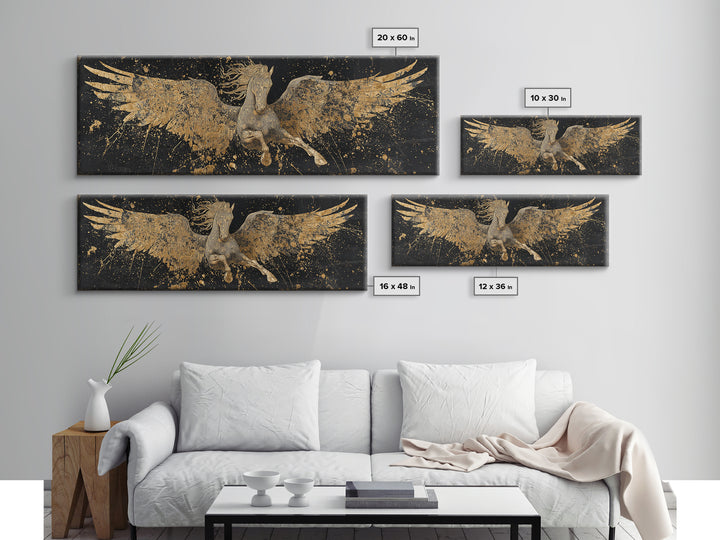 Pegasus Flying Gold Canvas Print, Greek Mythology Horse Wall Art, Real Wood Frame, Luxury Decorative Artwork