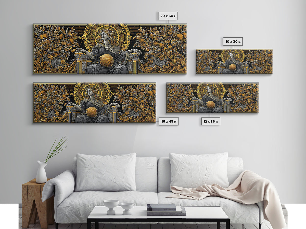 Persephone Throne Gold Canvas Print, Goddess Of Spring Wall Art, Real Wood Frame, Mythology Artwork For Decor