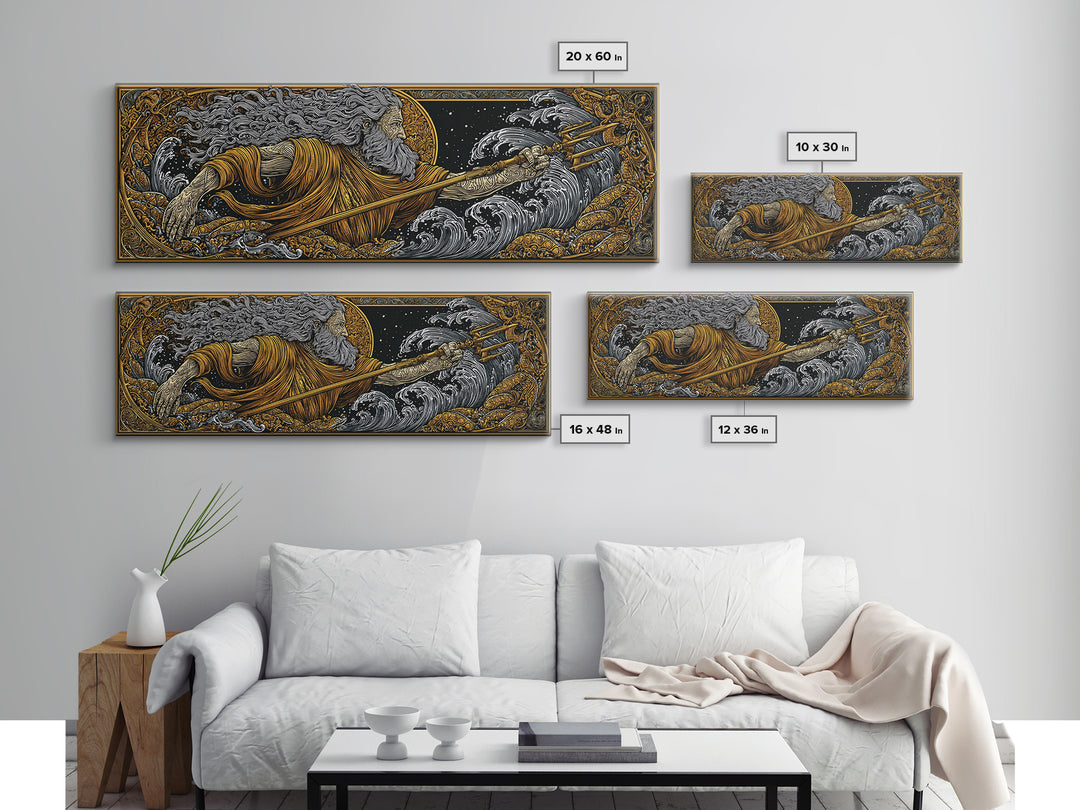 Poseidon Wields Gold Canvas Print, Sea God Wall Art, Real Wood Frame, Mythological Ocean Artwork For Home Decor