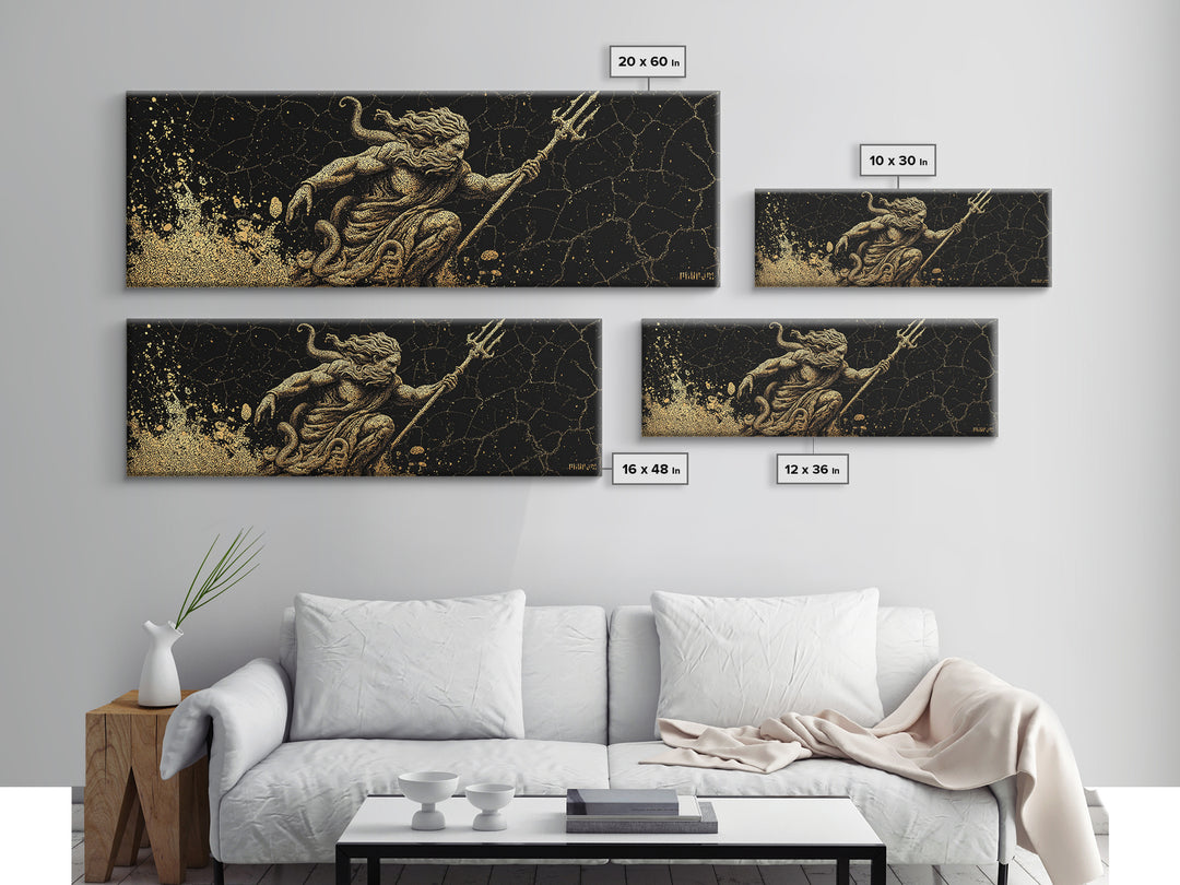 Poseidon Ocean Gold Canvas Print, Greek Mythology Wall Art, Real Wood Frame, Decorative God Of The Sea Artwork