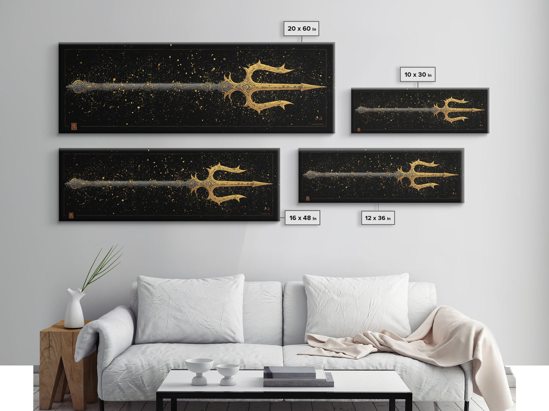Poseidon Trident Gold Canvas Print, Mythology Wall Art, Real Wood Frame, Sea God Artwork For Home Or Office Decor