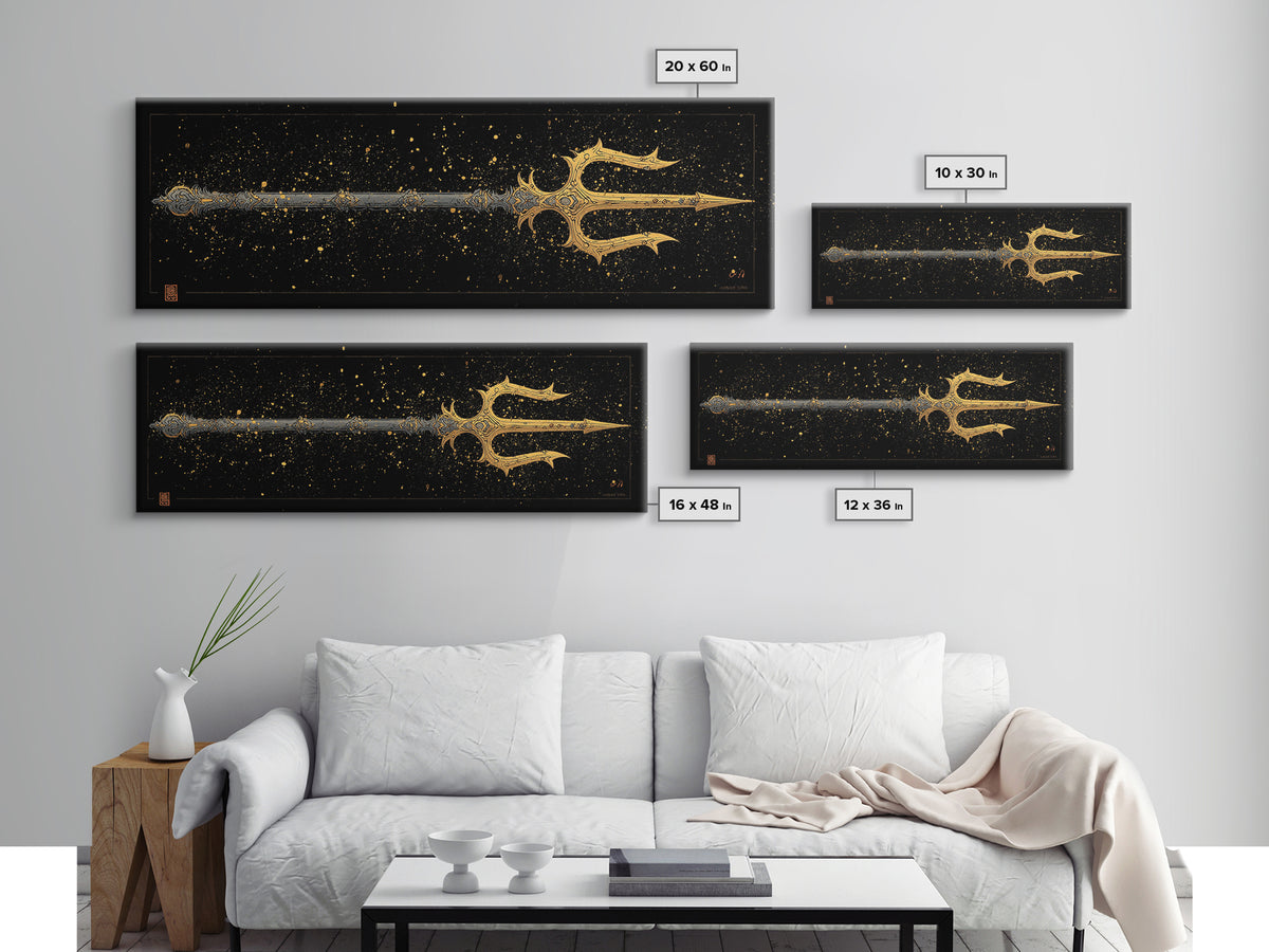 Poseidon Trident Gold Canvas Print, Mythology Wall Art, Real Wood Frame, Sea God Artwork For Home Or Office Decor