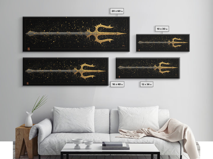 Poseidon Trident Gold Canvas Print, Mythology Wall Art, Real Wood Frame, Sea God Artwork For Home Or Office Decor