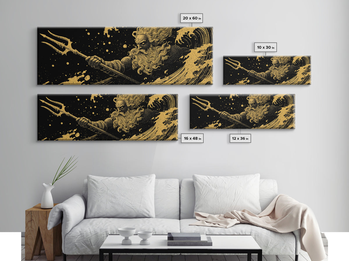Poseidon Waves Gold Canvas Print, Mythological Sea God Wall Art, Real Wood Frame, Luxury Decorative Greek Artwork
