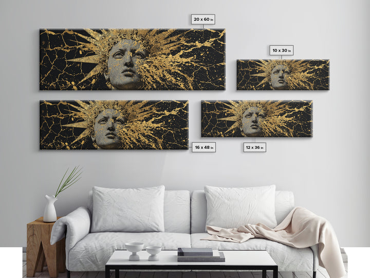 Prometheus Sunburst Bust Gold Canvas Print, Greek Statue Inspired Wall Art, Real Wood Frame, Elegant Mythology Artwork