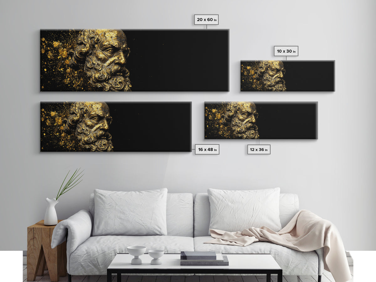 Socrates Bust Gold Canvas Art, Greek Philosopher Canvas Print, Classical Statue Inspired Artwork, Real Wood Frame Wall Decor