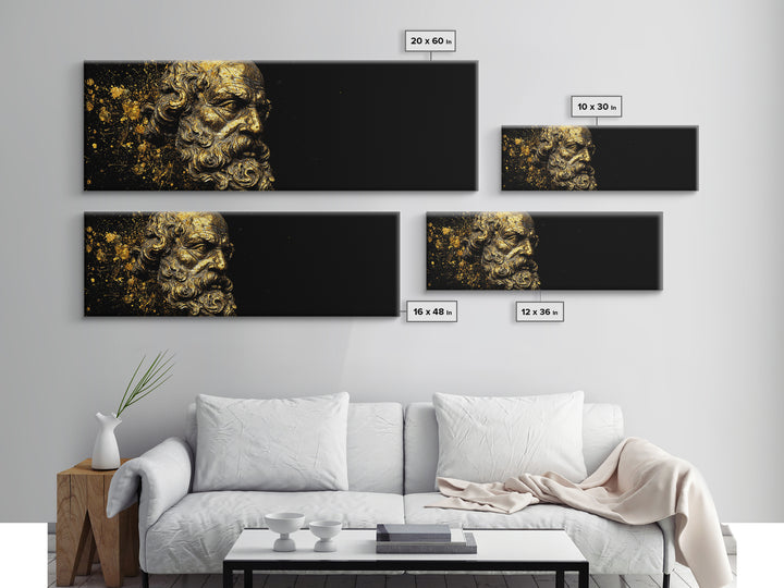 Socrates Bust Gold Canvas Art, Greek Philosopher Canvas Print, Classical Statue Inspired Artwork, Real Wood Frame Wall Decor