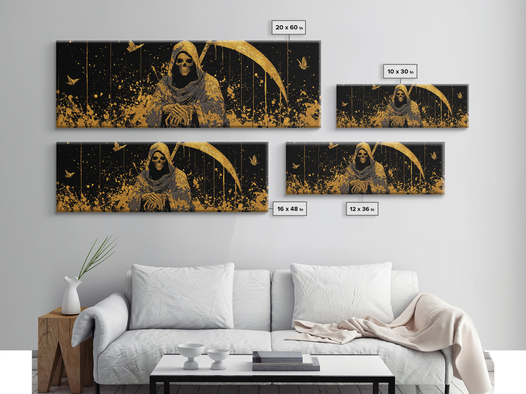 Thanatos Grim Reaper Gold Canvas Print, Mythology Inspired Wall Art, Real Wood Framed Canvas Artwork, Gothic Home Decor