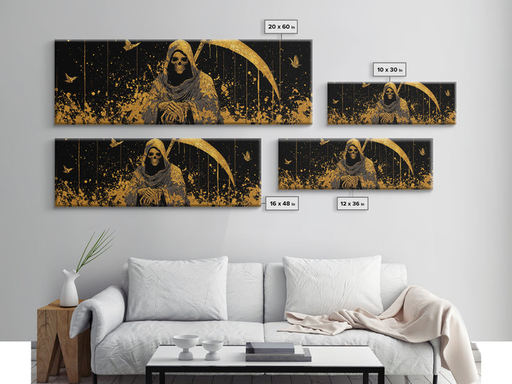 Thanatos Grim Reaper Gold Canvas Print, Mythology Inspired Wall Art, Real Wood Framed Canvas Artwork, Gothic Home Decor