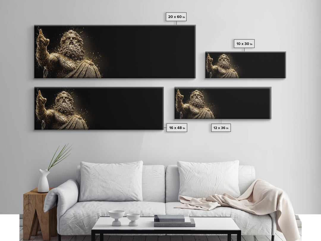 Zeus Statue Gold Canvas Print, Greek God Wall Art, Lightning King Decor, Real Wood Frame Mythology Inspired Artwork