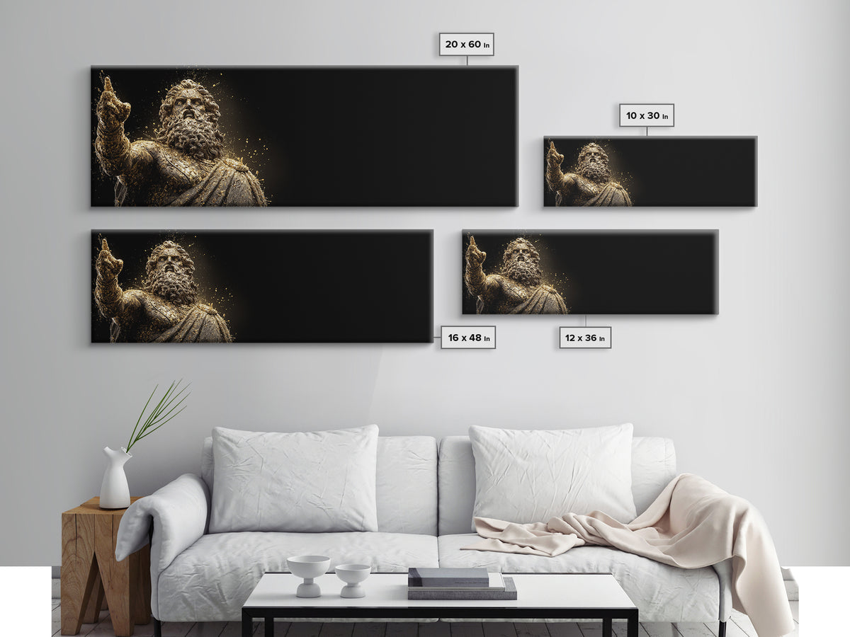 Zeus Statue Gold Canvas Print, Greek God Wall Art, Lightning King Decor, Real Wood Frame Mythology Inspired Artwork