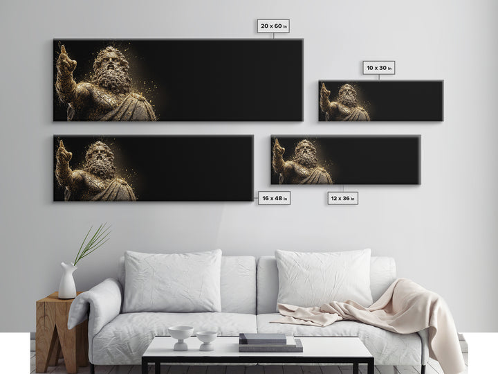 Zeus Statue Gold Canvas Print, Greek God Wall Art, Lightning King Decor, Real Wood Frame Mythology Inspired Artwork