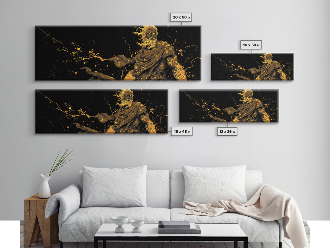 Zeus With Lightning Gold Canvas Art, Greek Mythology Canvas Print, Real Wood Frame Decor, Dramatic Wall Artwork For Home