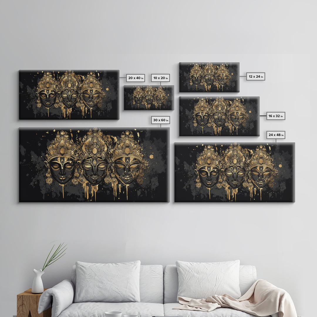 Ornate Demon Mask Gold Canvas Print, Splatter Tribal Art On Canvas, Real Wood Frame Wall Décor, Fierce Gothic Statement Artwork