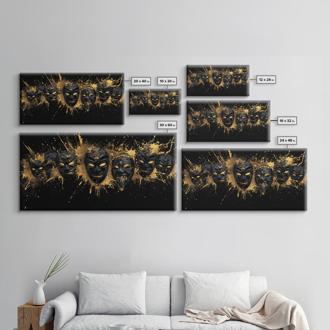 Fiery Demon Mask Gold Canvas Print, Ornate Splatter Mask Art On Canvas, Real Wood Frame Wall Décor, Bold Cultural Wall Artwork