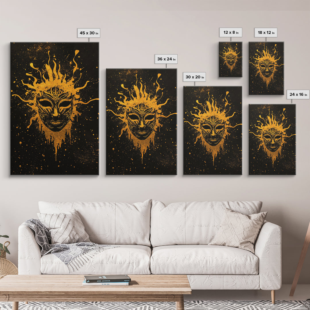 Mystical Tribal Mask Gold Canvas Print, Abstract Face Art, Splatter Style Wall Decor, Real Wood Frame