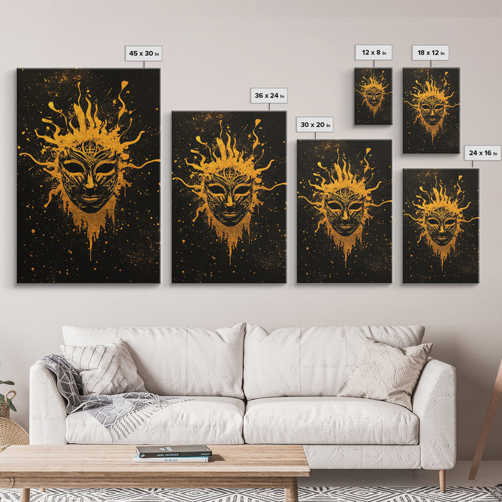 Mystical Tribal Mask Gold Canvas Print, Abstract Face Art, Splatter Style Wall Decor, Real Wood Frame